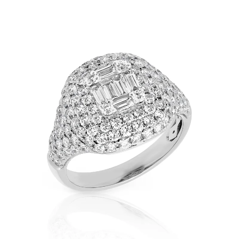 14KT White Gold Baguette Diamond Alexandrine Signet Ring