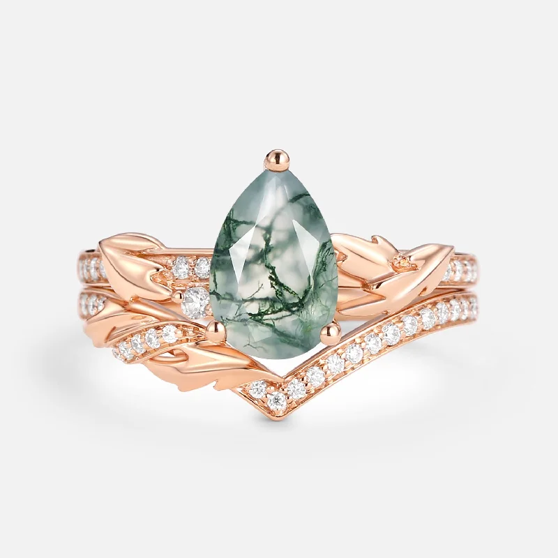 Rings featuring pearls for timeless finger grace -1.5ct Pear Cut Moss Agate Leafy Engagement Ring Set 2pcs