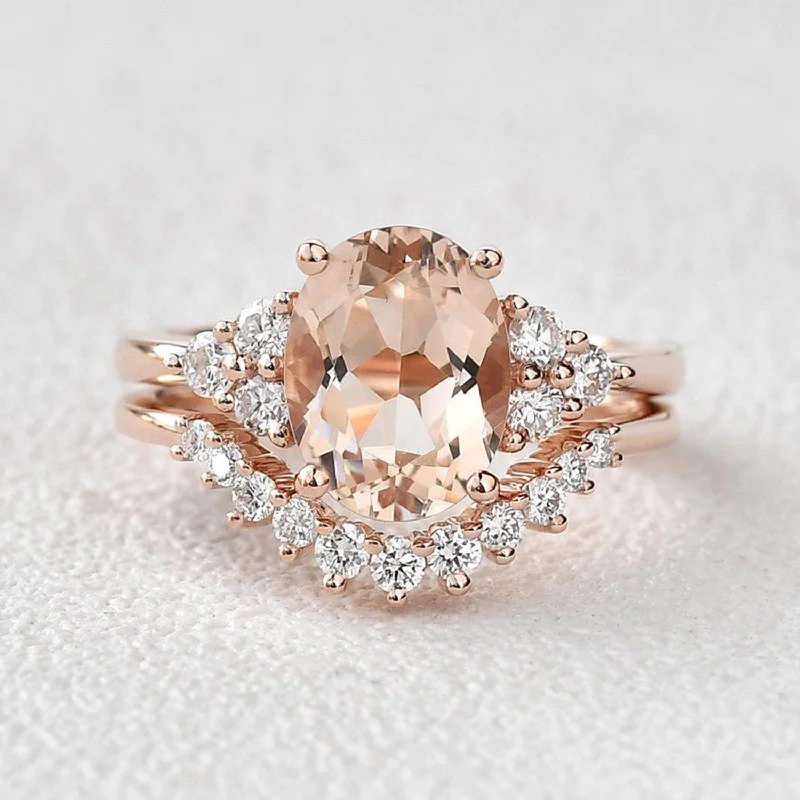 Rings inspired by deco with gem lines -4.75ct Morganite Oval Classic Rose Gold Ring Set 2PCS