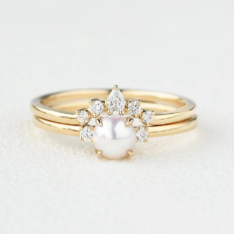 Rings featuring topaz for clear blue charm -Akoya Pearl & Moissanite Yellow Gold Ring Set 2pcs