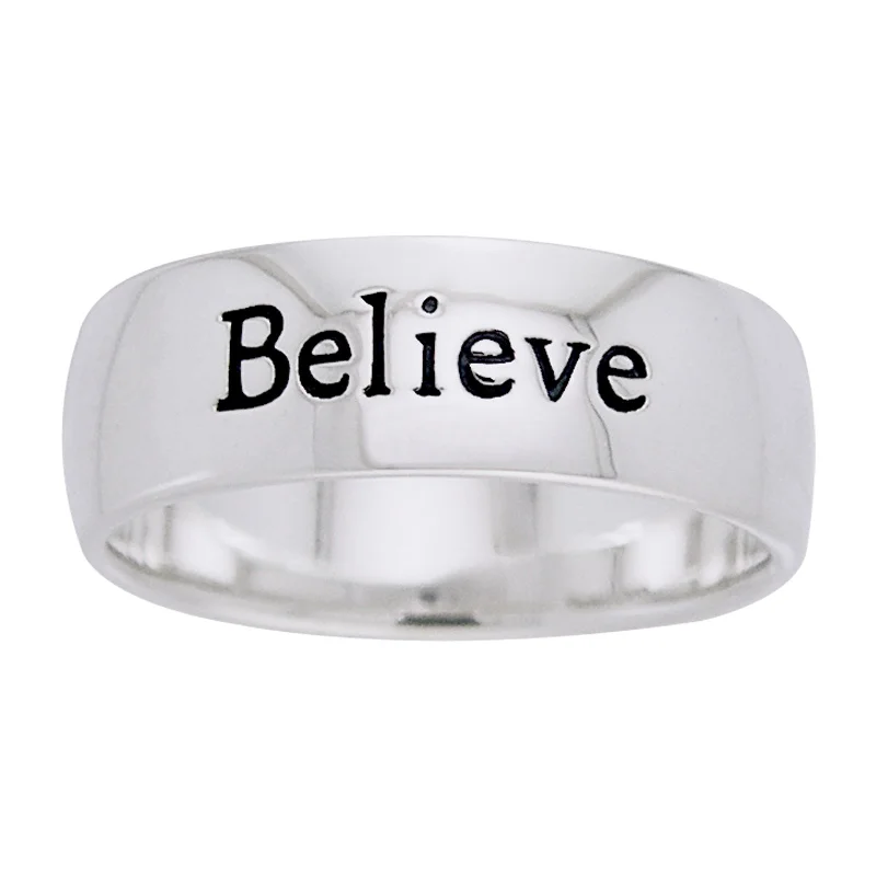 Rings featuring agate for natural stone beauty -Believe - Words of Wisdom 6mm Sterling Silver Band Ring