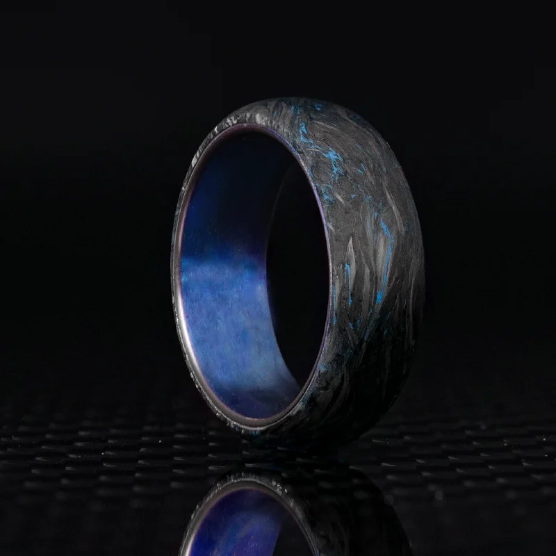 Simple rings ideal for understated finger elegance -Blue Burl Carbon Fiber Ring with Anodized Titanium Liner