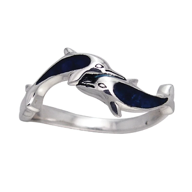 Sterling rings offering budget shine for fingers -Deep Blue Paua Shell Double Dolphin Sterling Silver Ring