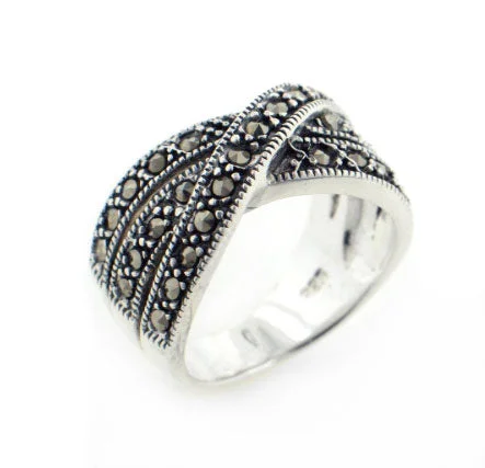 Woven rings with wire for boho flair -Crossover 11mm Wide Marcasite Sterling Silver X Band Ring