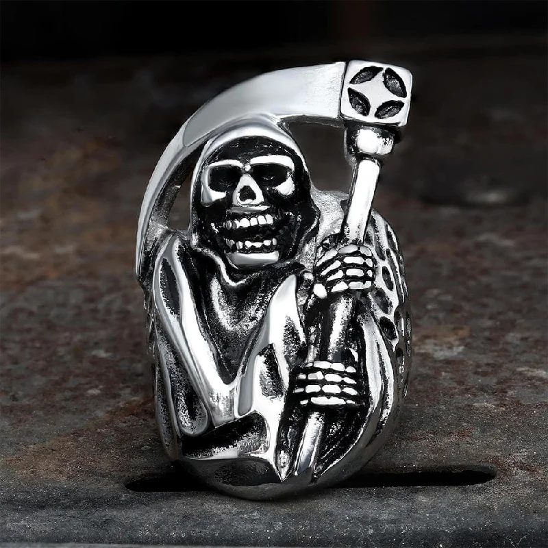 Rings featuring ruby for vibrant red elegance -Death Sickle Stainless Steel Skull Ring