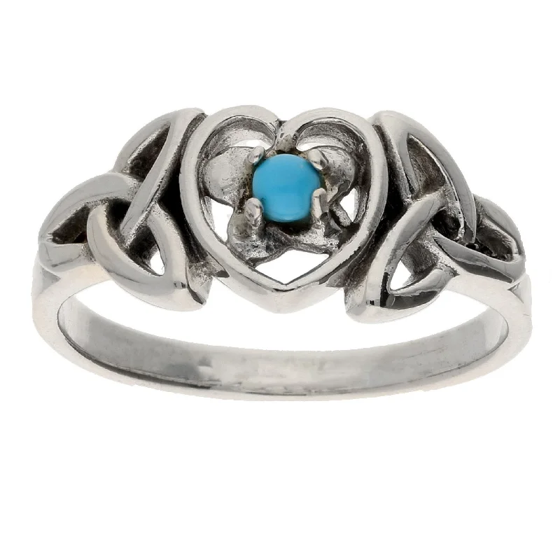 Rings perfect for kids with fun stones -December Sterling Silver Turquoise Celtic Trinity Knot Heart