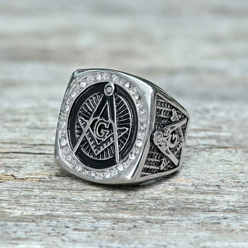 Rings great for parties with bold stones -Diamond Masonic Symbol Stainless Steel Ring