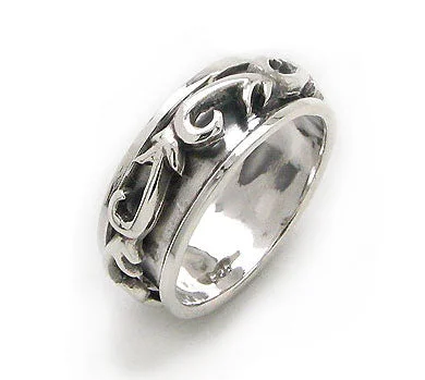 Rings inspired by waves with fluid designs -Fidget Sterling Silver Medieval Scroll or Tribal Swirl Band Spin Ring