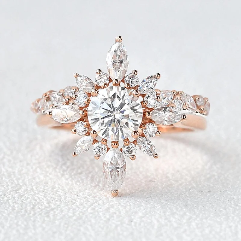 Airy rings with open bands for style -1.0ct Round Cut Moissanite Floral Marquise Cluster Ring Set 2pcs