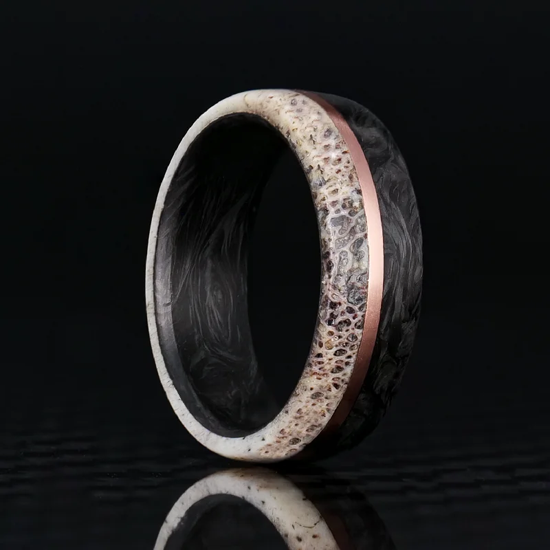 Rings featuring stretchy bands for comfy wear -Forged Carbon Fiber, Deer Antler, and Gold Ring