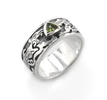 Brushed rings with gritty finish for edge -Genuine Green Moldavite Meteor Celtic Knot Dragon Sterling Silver Ring