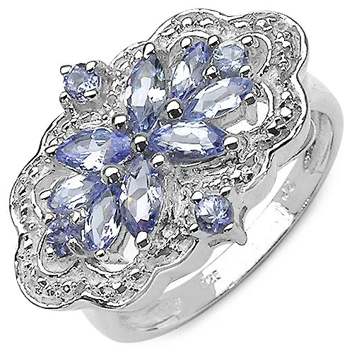 Chunky rings designed for loud finger impact -Genuine Tanzanite & White Topaz Sterling Silver Ring Size 7