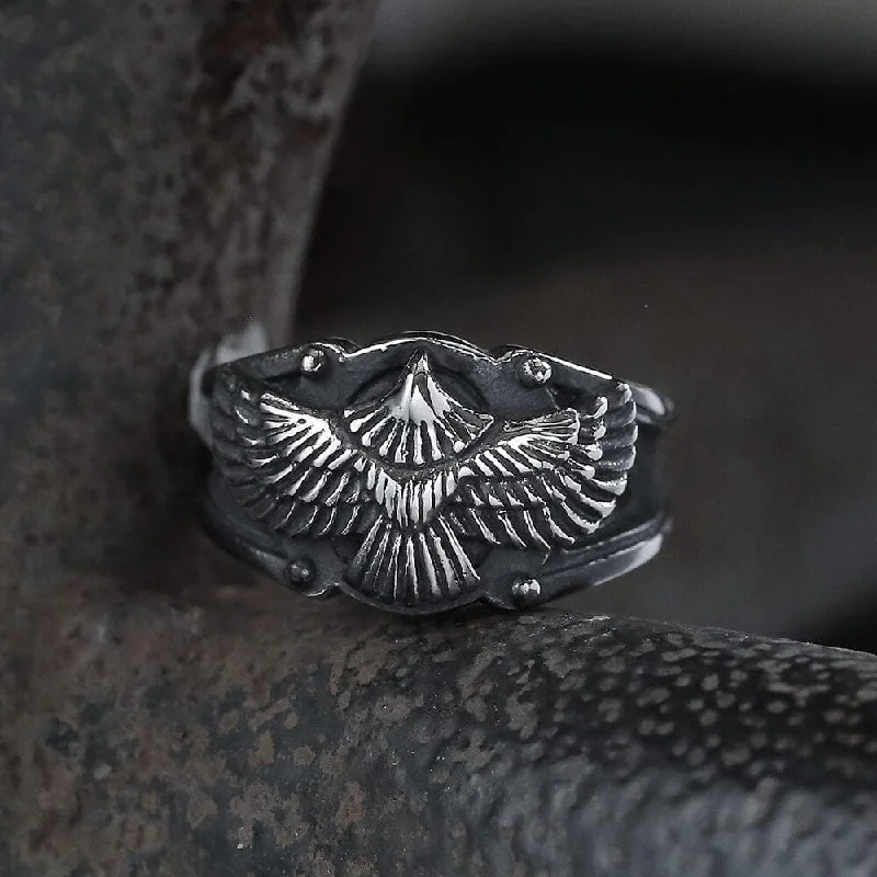 Rings perfect for stacking with fine bands -Goshawk Stainless Steel Eagle Ring