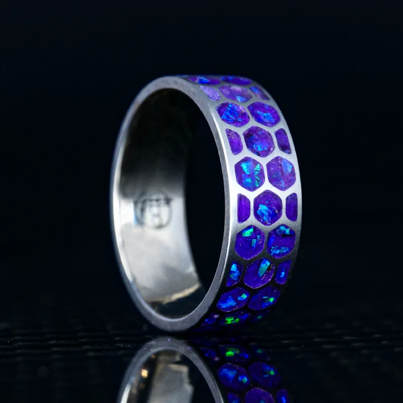 Curvy rings perfect for matching with bands -Hexagon Lavender Opal Glowstone Ring on Titanium