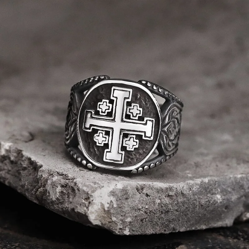 Rings featuring black diamonds for dark shine -Jerusalem Cross Stainless Steel Religion Ring