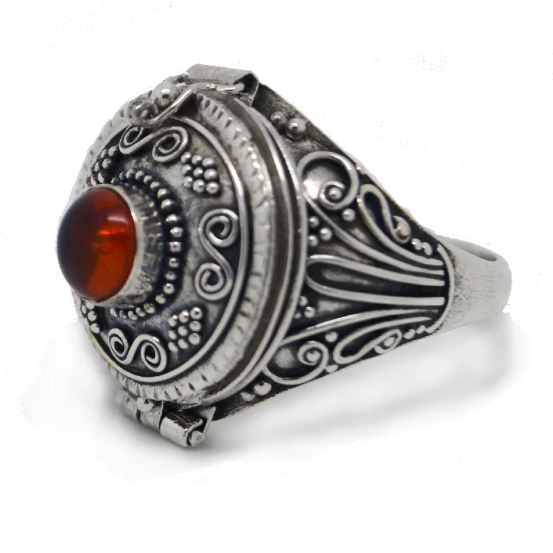 Rings made with recycled stones for green -Large Genuine Amber Poison Box Sterling Silver Ring