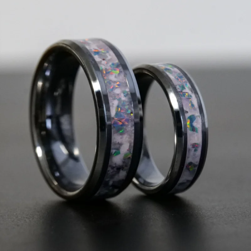 Retro rings with detailed bands for nostalgia -Matching Cosmic Glowstone Wedding Ring Set in Tungsten