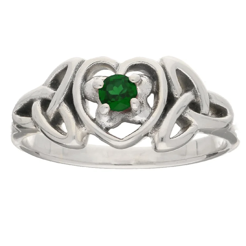 Unique rings with quirky shapes for bold flair -May - Sterling Silver Emerald Glass Celtic Trinity Knot Heart