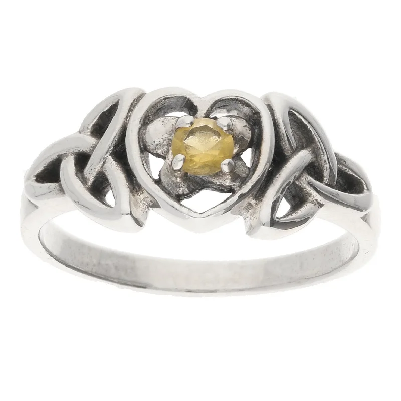 Twisted rings with braided bands for style -November Ring - Sterling Silver Citrine Celtic Trinity Knot Heart