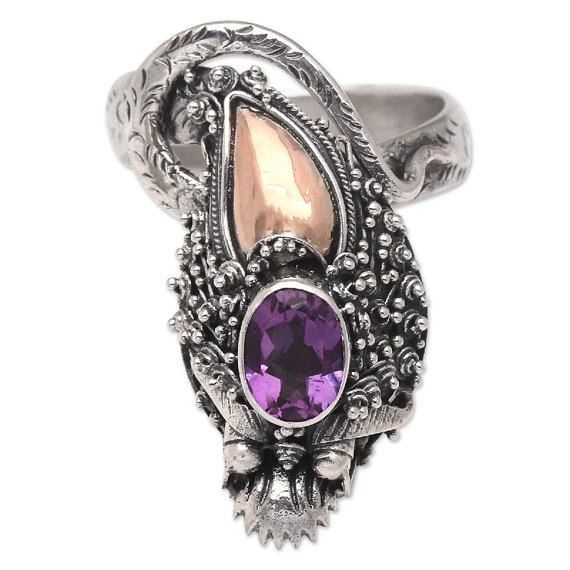 Carved rings with shaped bands for art -Novica Handmade Basuki Mini In Purple Rose Gold-Accented Amethyst Cocktail Ring