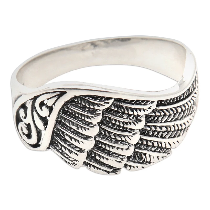 Slim rings for stackable finger fashion looks -Novica Handmade Mighty Wing Sterling Silver Band Ring