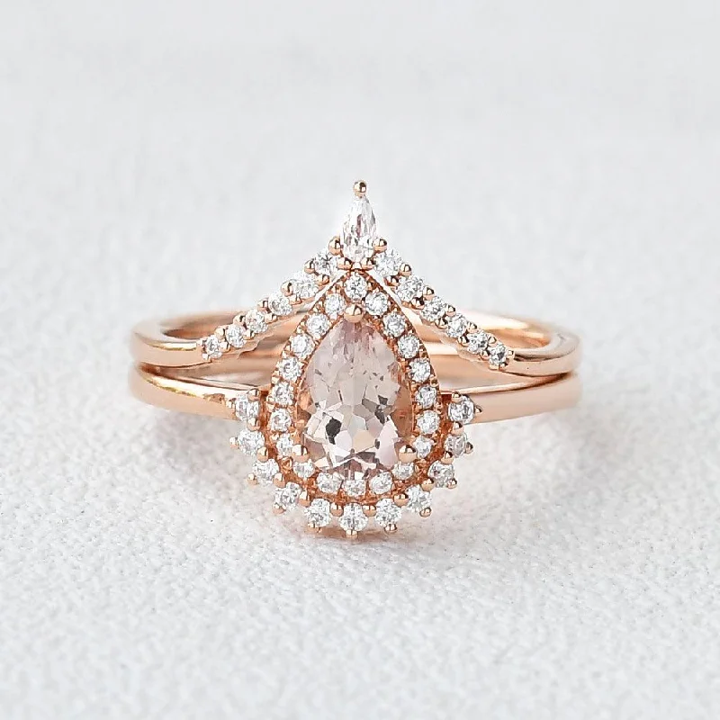 Big rings designed for striking finger presence -1.5ct Peachy Morganite Vintage Halo Ring Set 2pcs