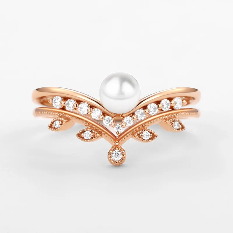 Gold rings adding sunny glow to fingers -Pearl Bridal Set 2pcs Rose Gold Ring