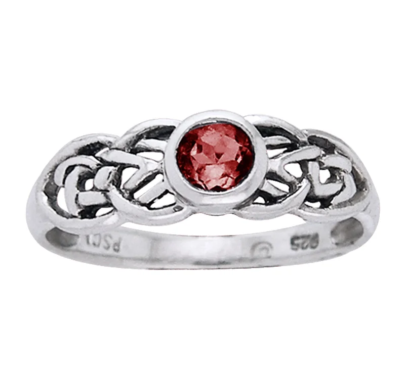 Trendy rings with cool shapes for youth -Petite Celtic Knot Birthstone Ring Sterling Silver Genuine Garnet For January