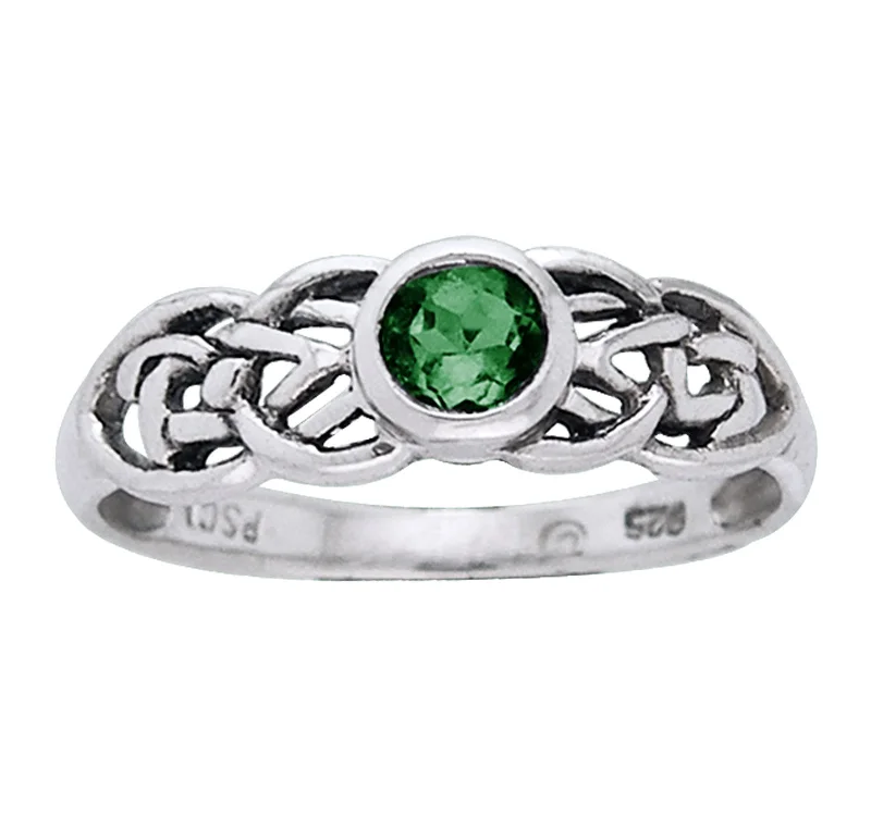 Quartz rings with clear stones for elegance -Petite Celtic Knot Birthstone Ring Sterling Silver Green Glass For May