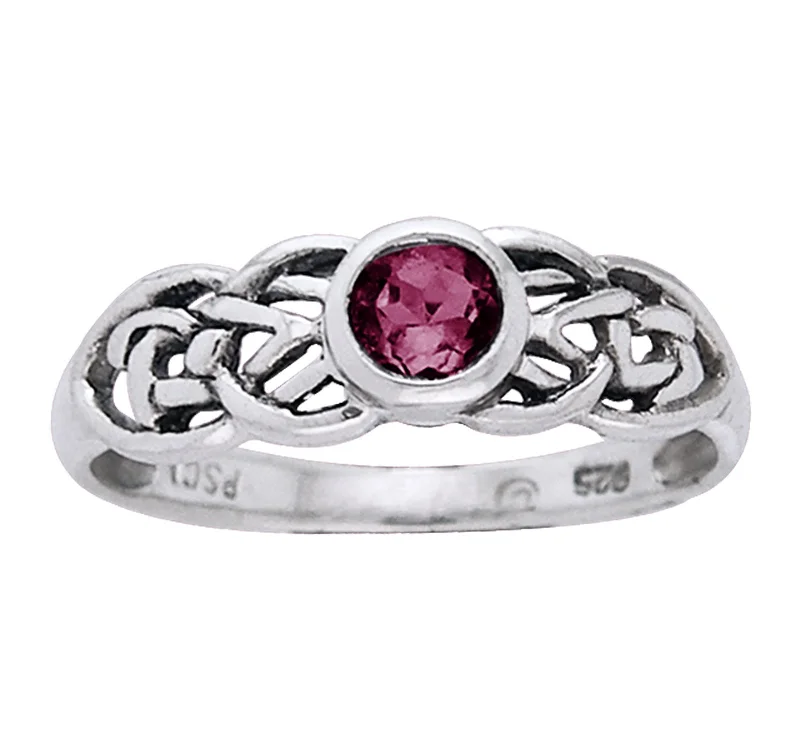 Rings perfect for love with gentle gems -Petite Celtic Knot Birthstone Ring Sterling Silver Synthetic Ruby For July