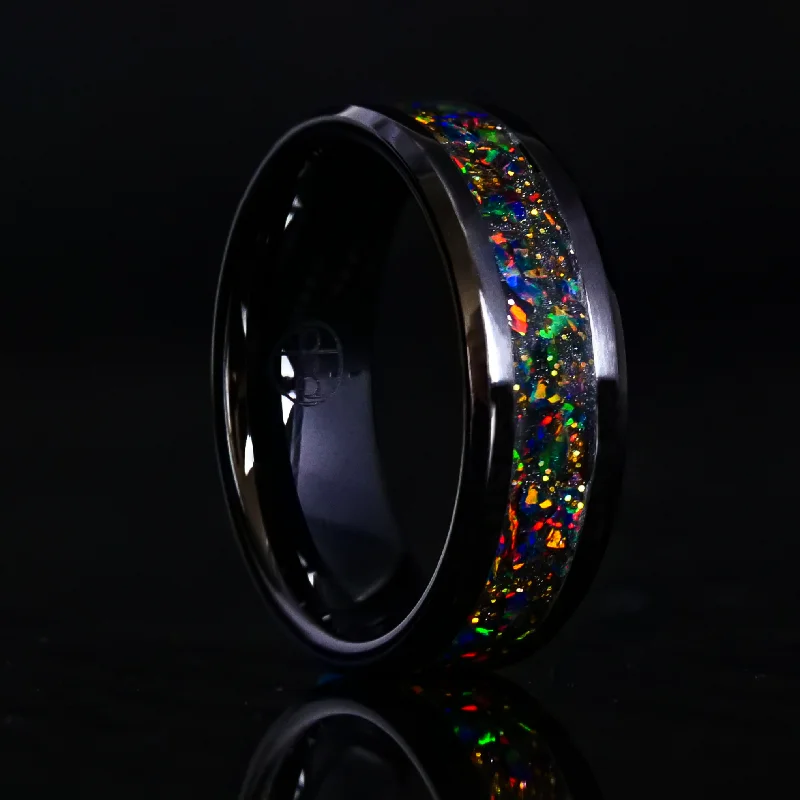 Carved rings with shaped bands for art -Radiant Black Fire Opal Glowstone Ring on Black Ceramic