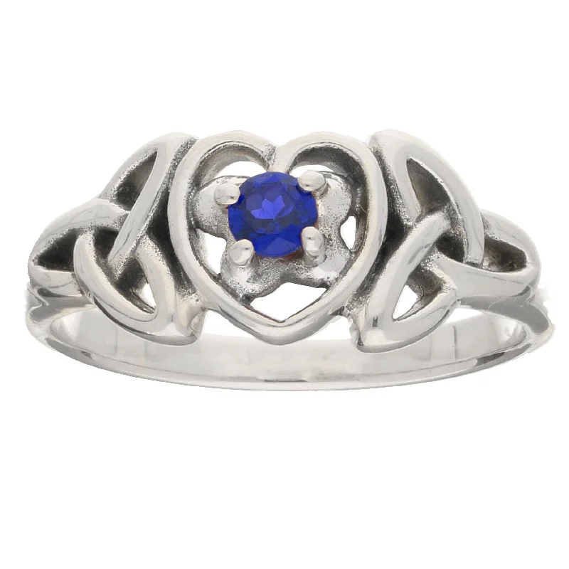 Sterling rings offering budget shine for fingers -September Birthstone - Sterling Silver Sapphire Celtic Trinity Knot Heart Ring