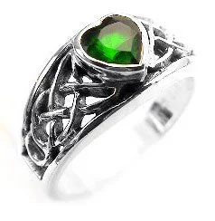 Heart rings with gem shapes for romance -Silver Celtic Knot and Green Crystal Heart Ring