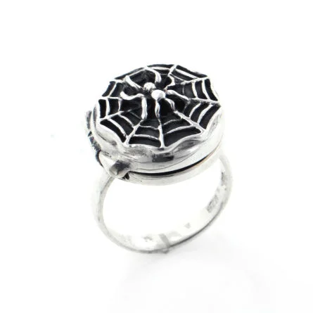 Simple rings ideal for understated finger elegance -Spider hiding on Spiderweb Locket Poison Ring Sterling Silver