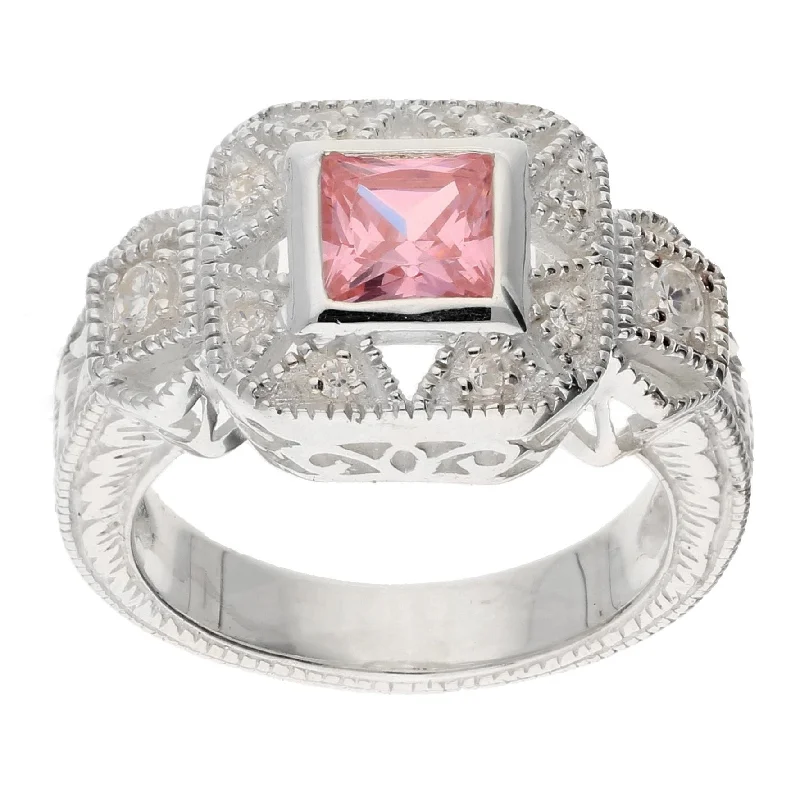 Matte rings with smooth finish for chic -Square Princess Cut Pink Ice and White CZ Sterling Silver Promise Ring