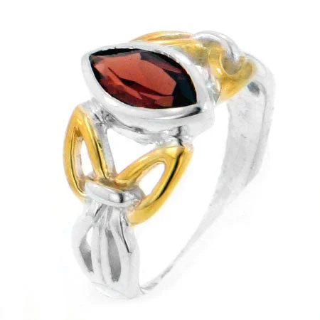 Brushed rings with gritty finish for edge -Sterling Silver 2-Tone Celtic Knot Garnet Ring