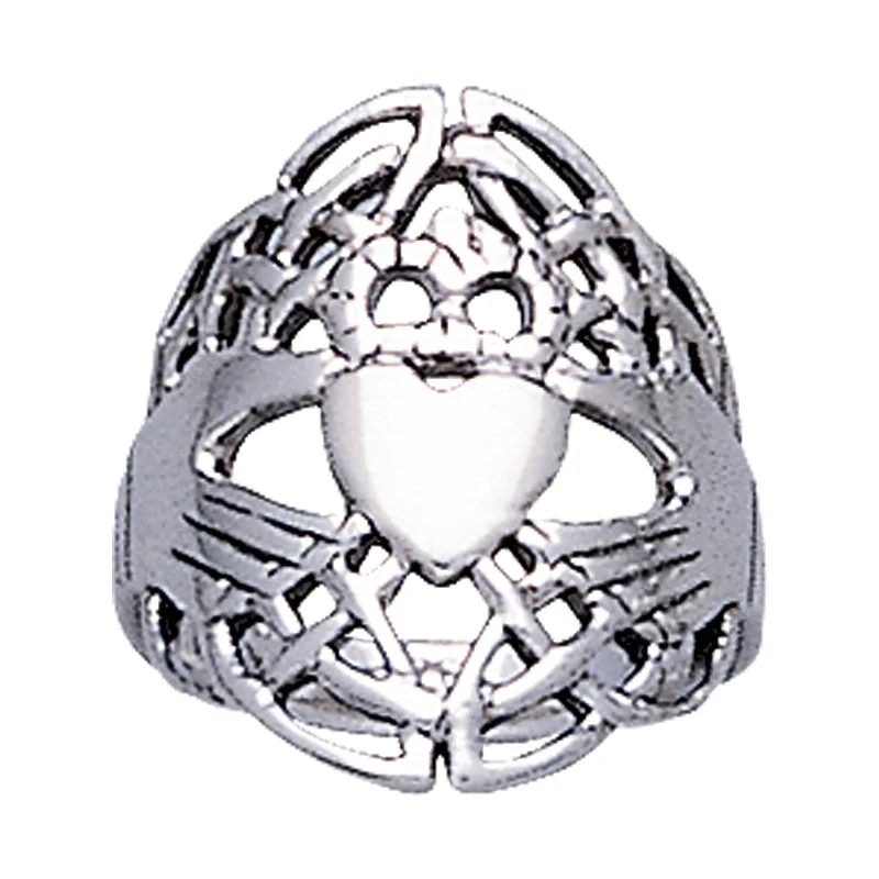 Quartz rings with clear stones for elegance -Traditional Sterling Silver Wide Celtic Knot Claddagh Ring