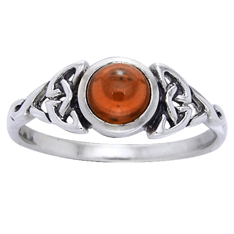 Twisted rings with braided bands for style -Simulated Amber Celtic Knot Ring with Round Gemstone Sterling Silver