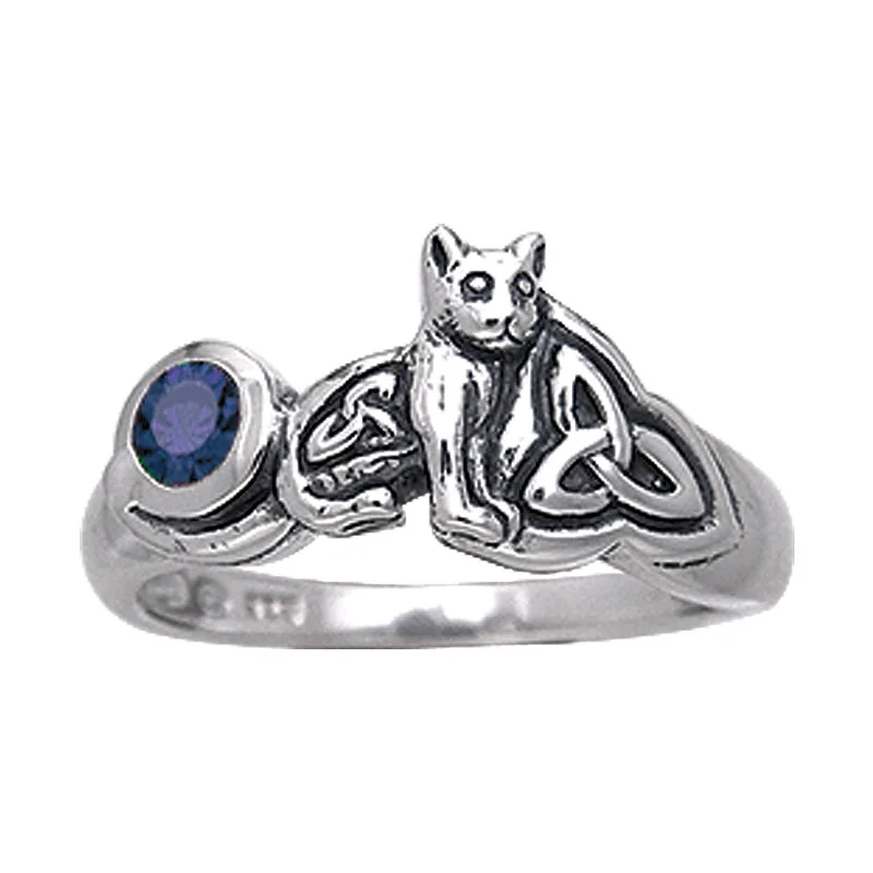 Bargain rings under eight dollars for quick gifts -Sterling Silver Celtic Knotwork Synthetic Sapphire Cat Kitten Ring