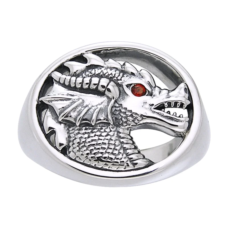 Delicate rings ideal for tiny finger accents -Sterling Silver Dragon Head Insignia Garnet Ring