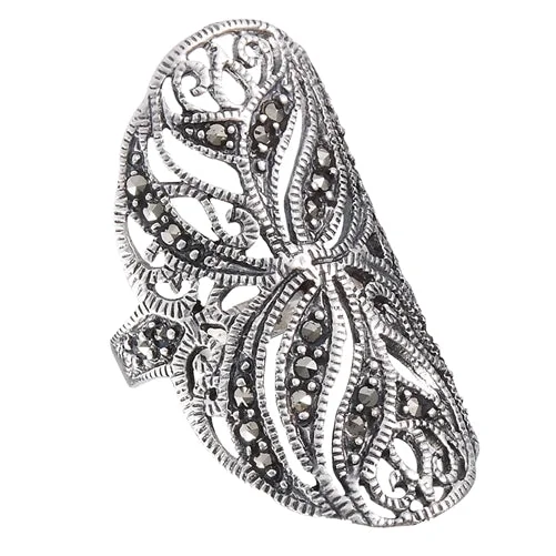 Rings great for parties with bold stones -Sterling Silver Large Wide Floral Marcasite Ring