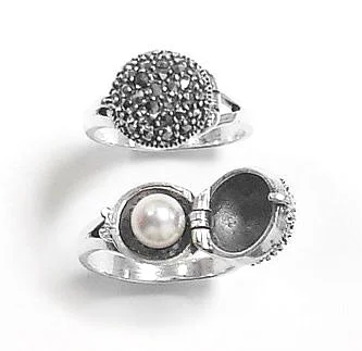 Rings featuring black onyx for stark contrast -Sterling Silver Marcasite and Hidden Pearl Ring