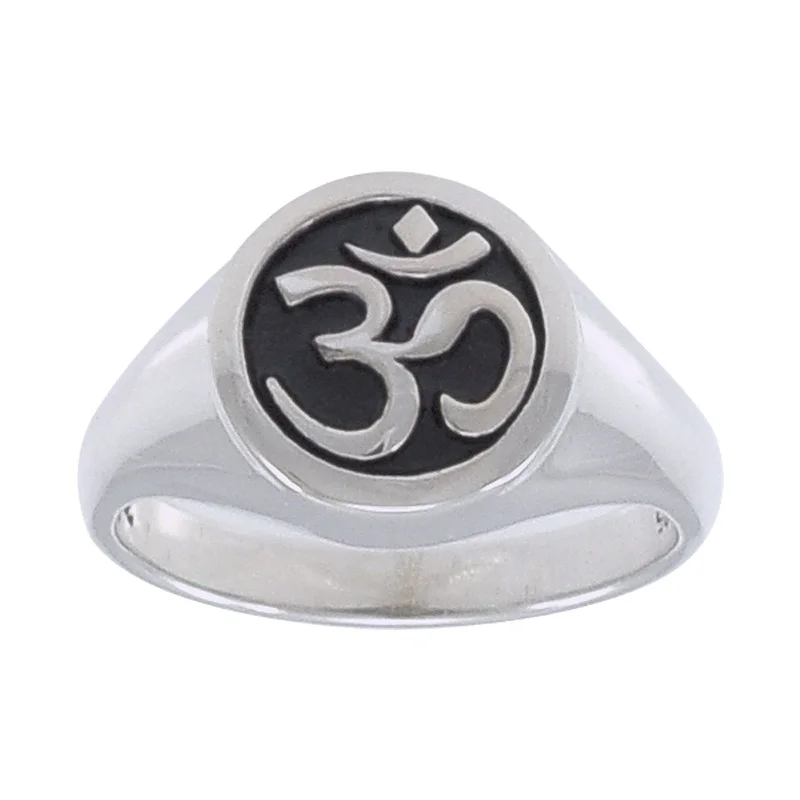 Rings with emerald stones for lush green beauty -Sterling Silver OM or Aum Hindu Yoga Symbol Round Ring