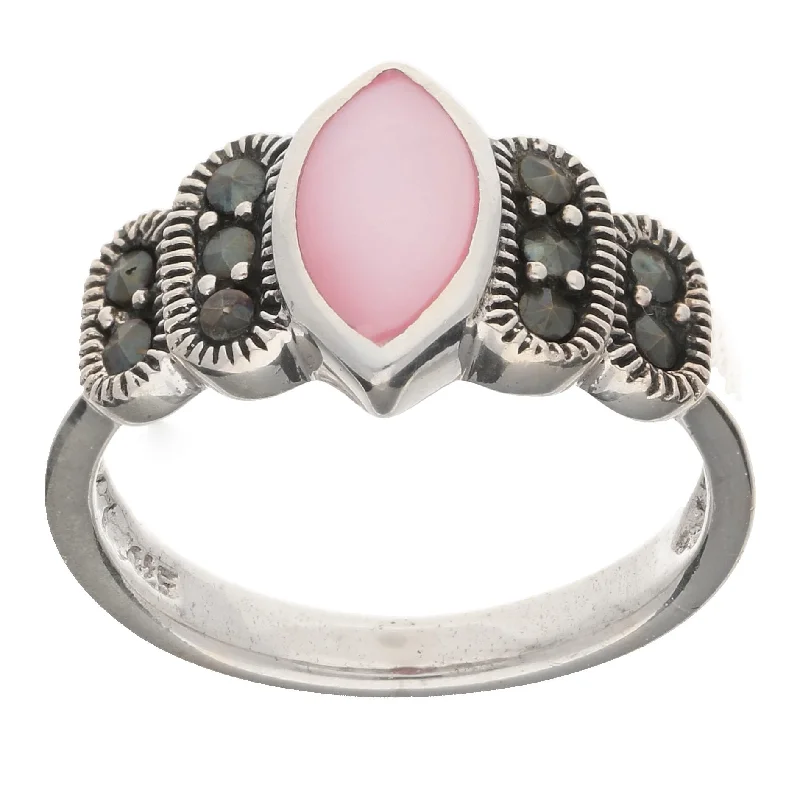 Rings with thin bands for light style -Sterling Silver Marquise Pink Shell Mother of Pearl and Marcasite Ring