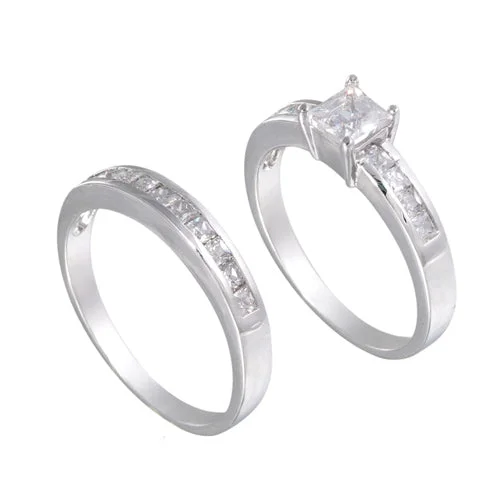 Matte rings with smooth finish for chic -Sterling Silver Square Wedding Ring Band Set