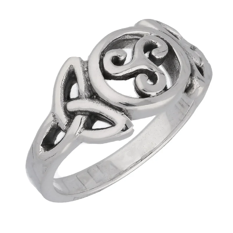 Rough rings with hammered bands for texture -Triple Spiral Celtic Knot Triskele Trinity Sterling Silver Ring