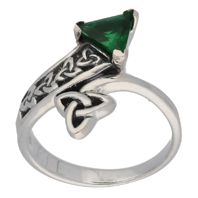 Rings with rose gold for gentle warm shine -Triquetra Celtic Trinity Knot Green Glass Trillion Bypass Sterling Silver Ring