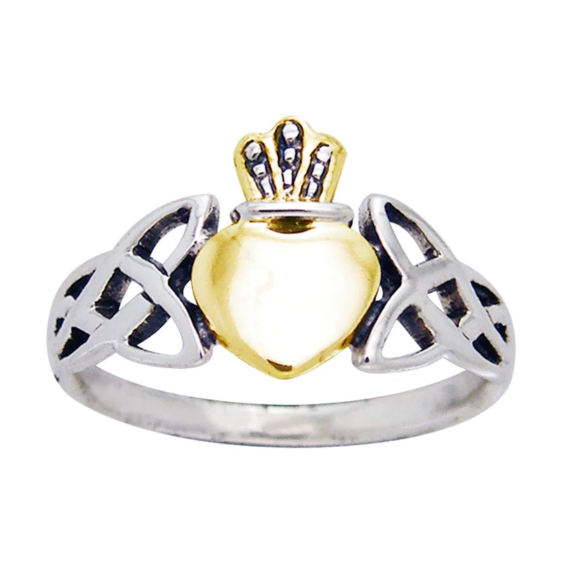 Unique rings with quirky shapes for bold flair -Two Tone Irish Claddagh Celtic Knotwork Sterling Silver Ring