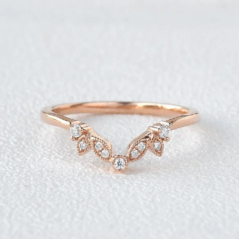 Gold rings adding sunny glow to fingers -Vine Leaf Moissanite Rose Gold Wedding Band