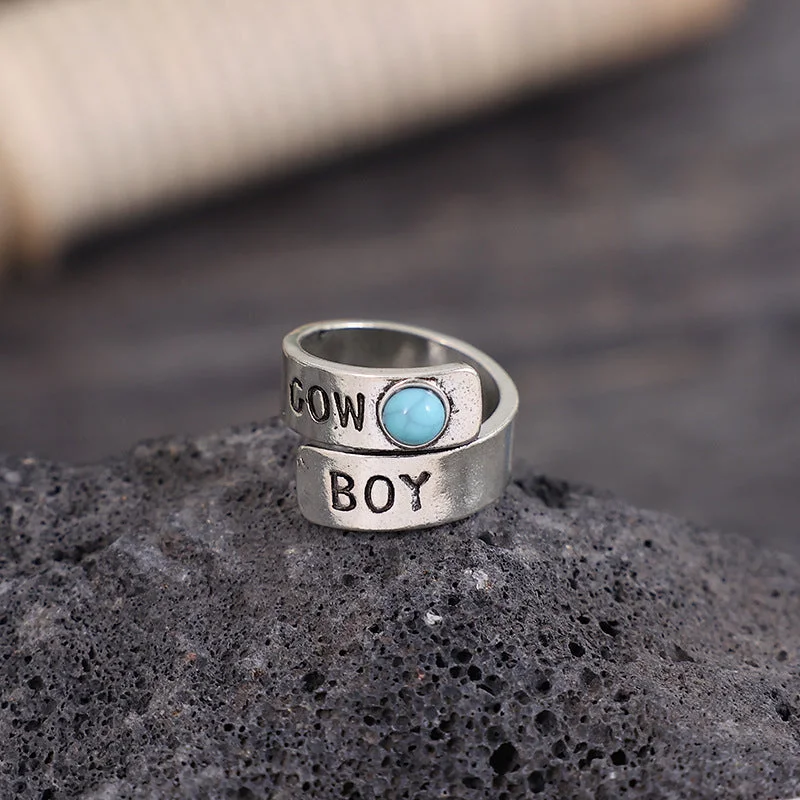 Handmade rings customized with your chosen gemstones -Wholesale Alloy Western Inlaid Turquoise Alloy Open Ring